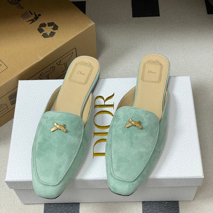 CD 26 Baby Bow Flat Mule Pistachio Green Cowhide Sheepskin Suede 632592
