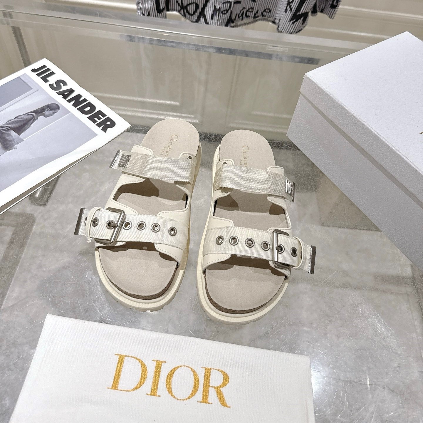 CD 26s Double-Strap Slide Sandals Cream Calfskin 919010