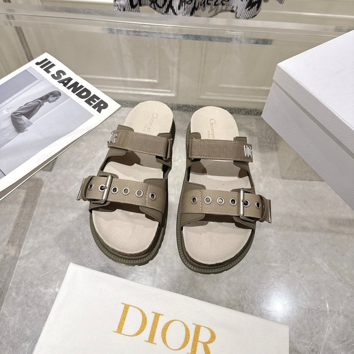CD 26s Double-Strap Slide Sandals Olive Calfskin 919012