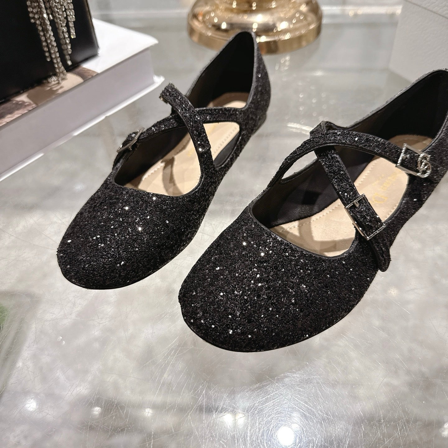 CD Very Ballet Flat Black Lambskin & Glitter 598163