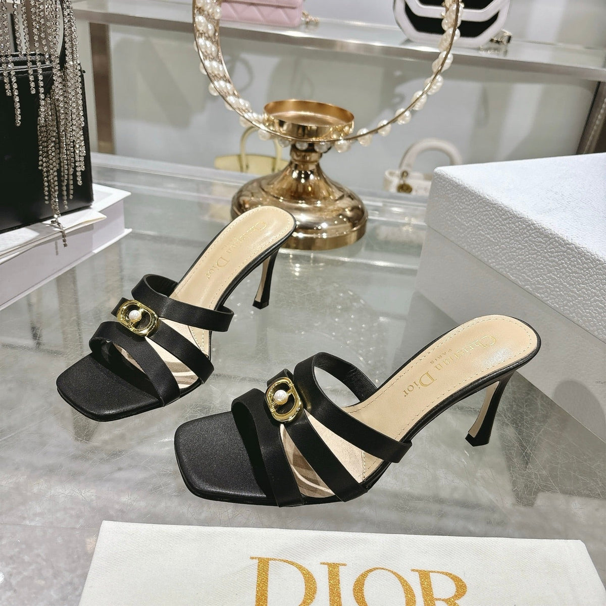CD 26 High-Heeled Sandals 75mm Black Beige Leather 592255