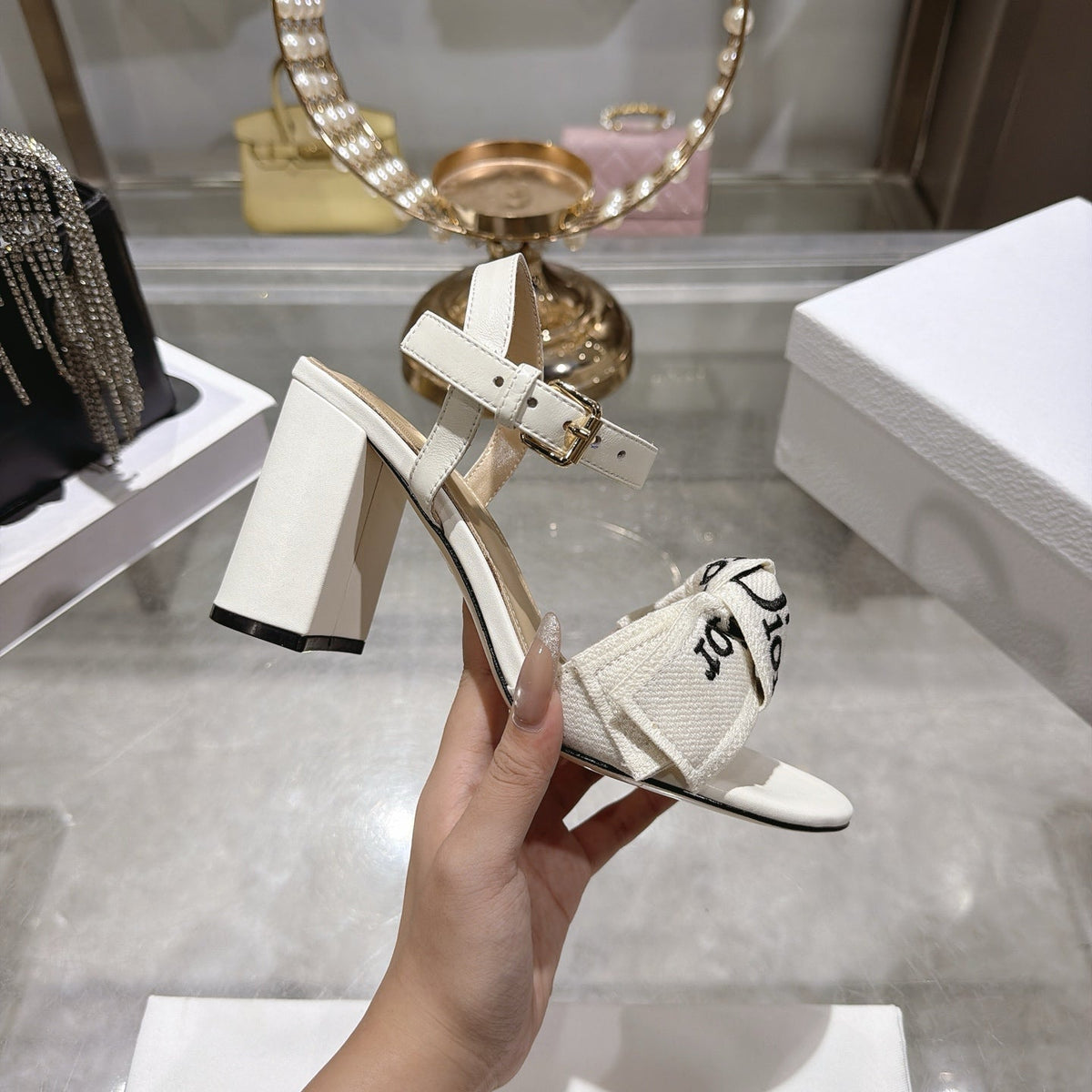 CD J'Adior Sandals White Canvas Leather 901709