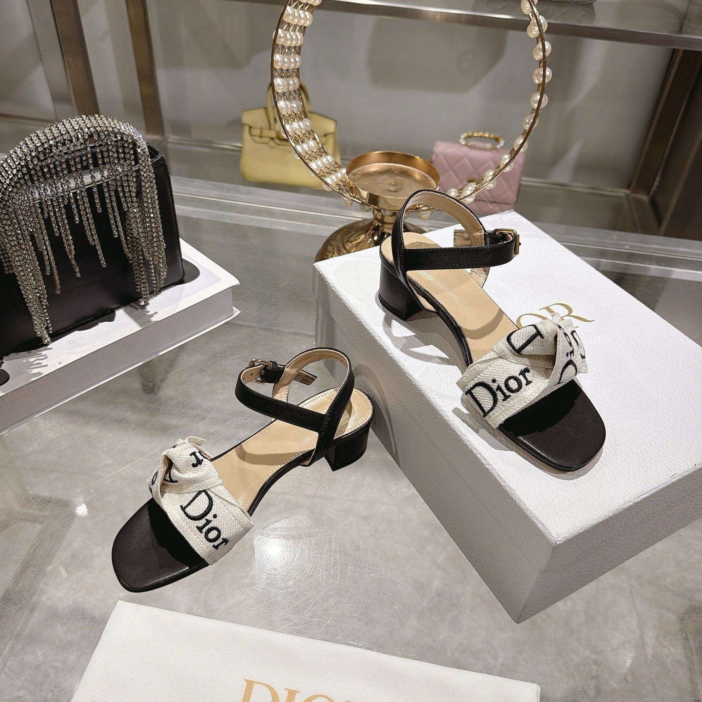 CD J'Adior Sandals White Black Canvas Leather 901712