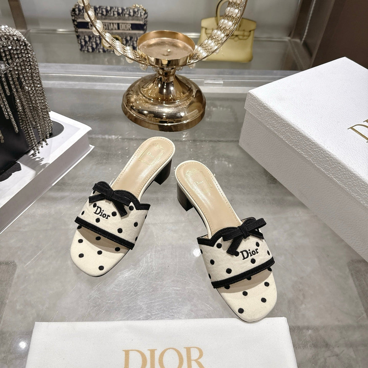 CD Dway Sandal 3.5cm PolkaDior Cream Motif Cotton Leather 951359