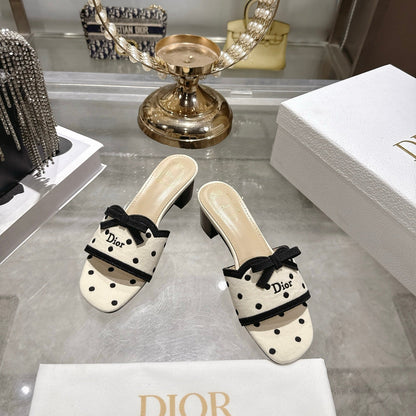 CD Dway Sandal 3.5cm PolkaDior Cream Motif Cotton Leather 951359