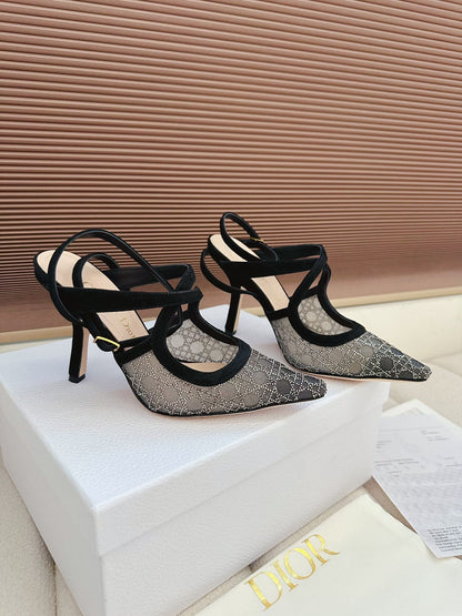 CD 26 High Heel 95 Black Beige Mesh Fabric Sheepskin 614894