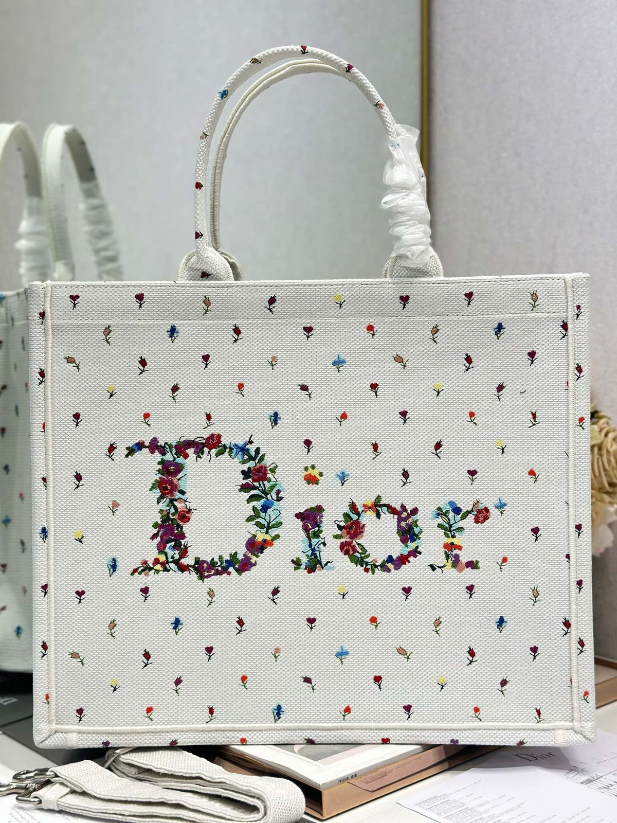 Dior 2026 Book Tote Bag White Multicolor Revolution Flowers Embroidery Canvas 288406