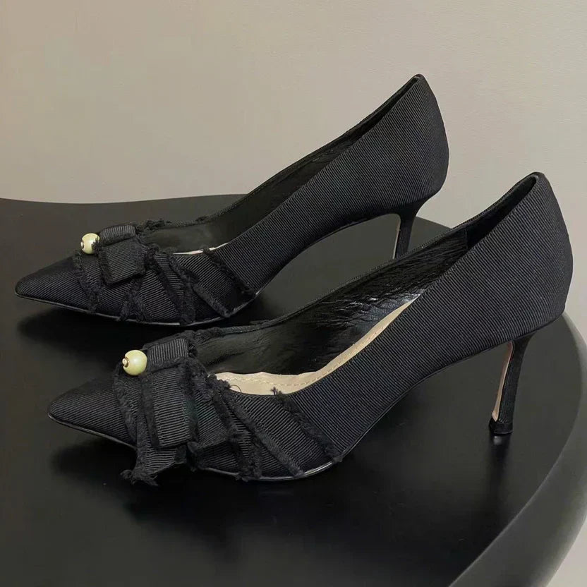 CD Adiorable Pearl Fringe 10cm Pumps in Black Silk Grosgrain