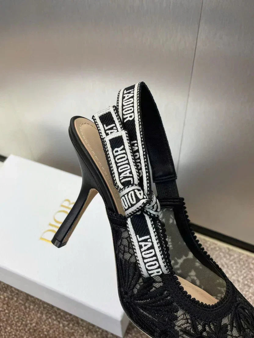 CD J'Adior Slingback Pumps 95mm Black Embroidered Mesh